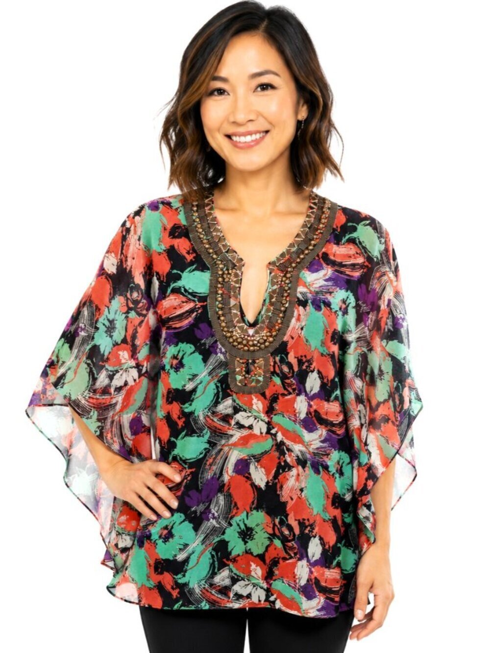 Bebe Metal Embellished Flutter Sleeve Silk Top
